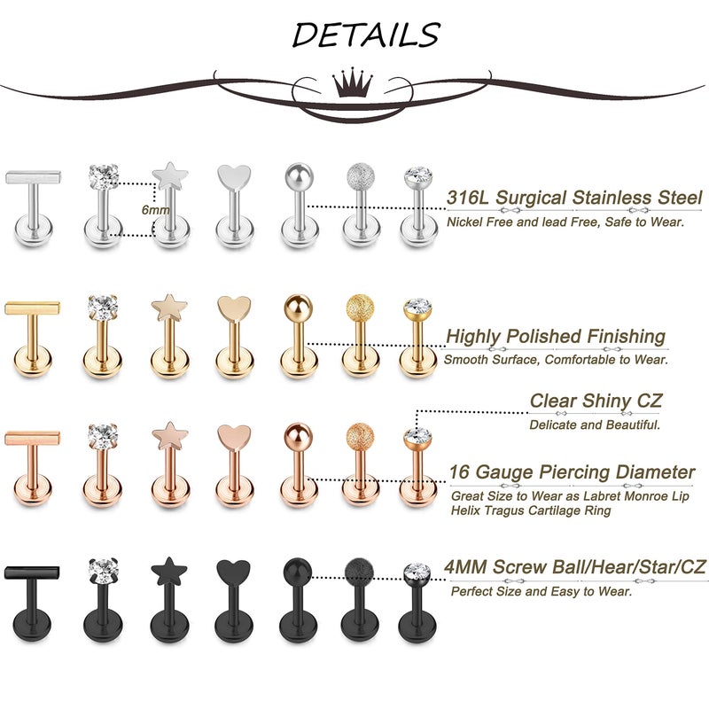 Masedy 16Pcs 16G 316L Stainless Steel CZ Labret Monroe Lip Rings Cartilage Helix Tragus Nose Piercing 6-8MM (C: 28Pcs 6MM) - Image 3